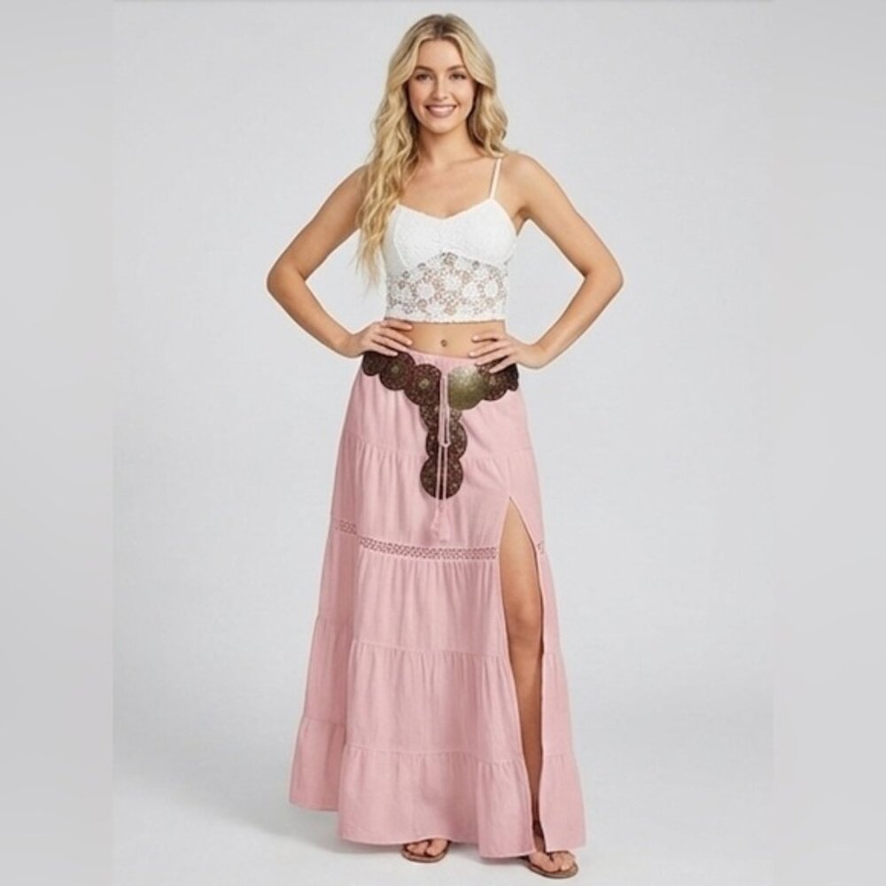 100% Cotton Boho Pink Tiered Maxi Skirt High Slit Crochet Lace Trim